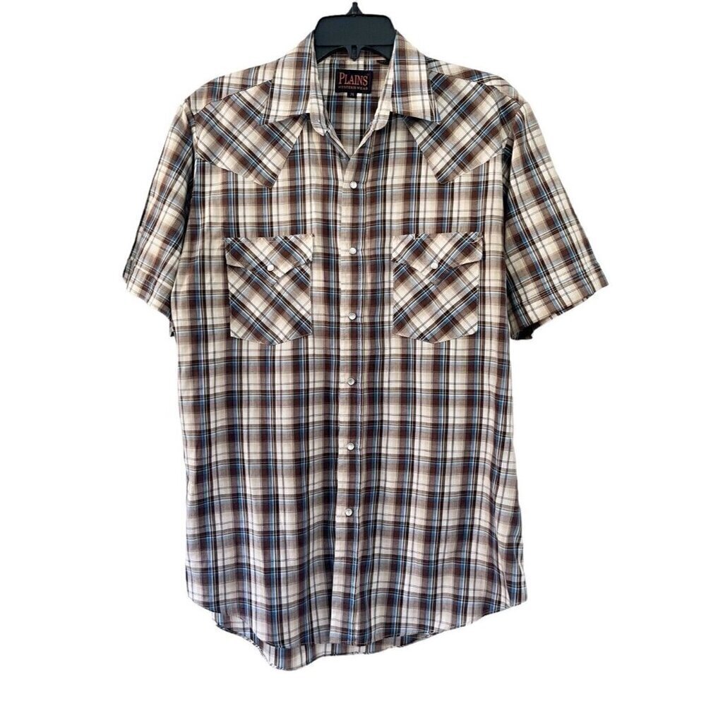 Plains Western Wear Men’s Sz M Brown & Blue Short Sleeve Pearl Snap Shirt